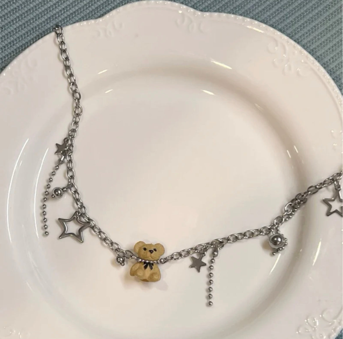 Cute Adorable Teddy Bear Choker Star Beaded Pendant Charm Fashion Necklace Silver Chain