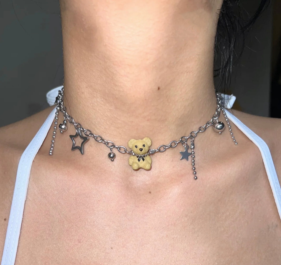 Cute Adorable Teddy Bear Choker Star Beaded Pendant Charm Fashion Necklace Silver Chain