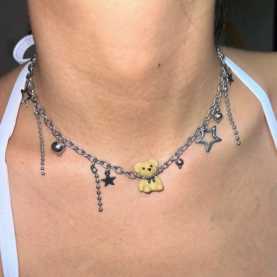 Cute Adorable Teddy Bear Choker Star Beaded Pendant Charm Fashion Necklace Silver Chain