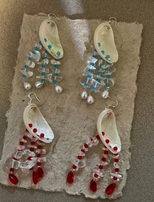 Handcrafted colorful shell earrings featuring red bead pendants, inspired by mermaid elements, S925 silver,unique design , a perfect gift