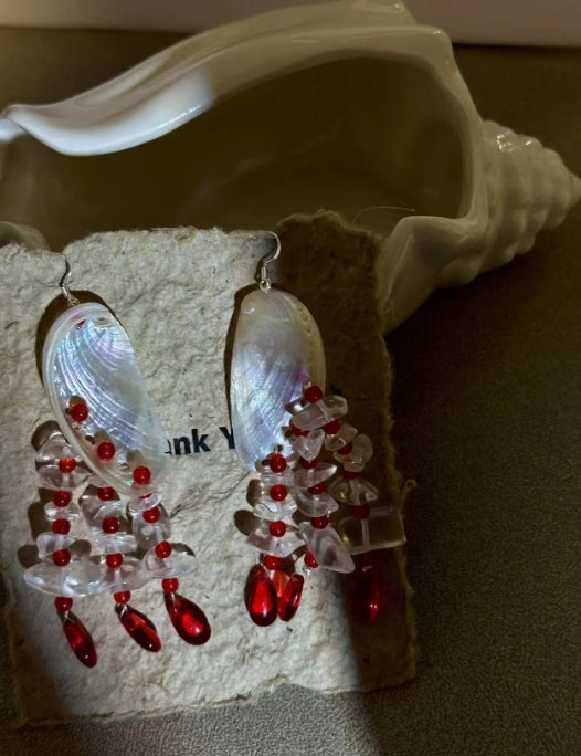 Handcrafted colorful shell earrings featuring red bead pendants, inspired by mermaid elements, S925 silver,unique design , a perfect gift
