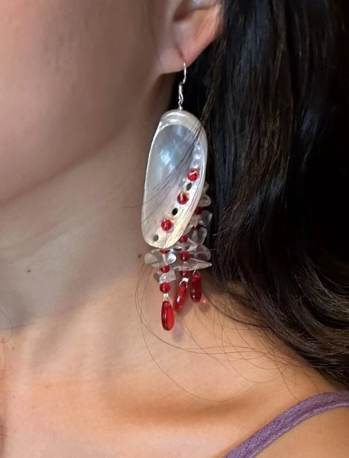 Handcrafted colorful shell earrings featuring red bead pendants, inspired by mermaid elements, S925 silver,unique design , a perfect gift