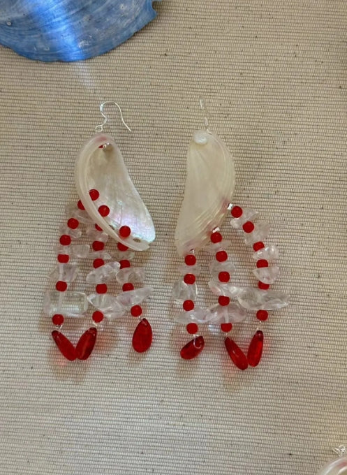 Handcrafted colorful shell earrings featuring red bead pendants, inspired by mermaid elements, S925 silver,unique design , a perfect gift