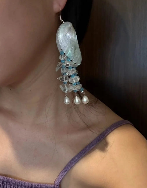 Handcrafted colorful shell earrings featuring red bead pendants, inspired by mermaid elements, S925 silver,unique design , a perfect gift