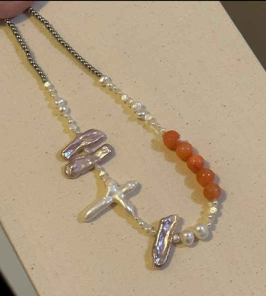 White Baroque Pearl Persian Jade Titanium Steel Beaded Handmade Necklace Charm Fashion Jewelry