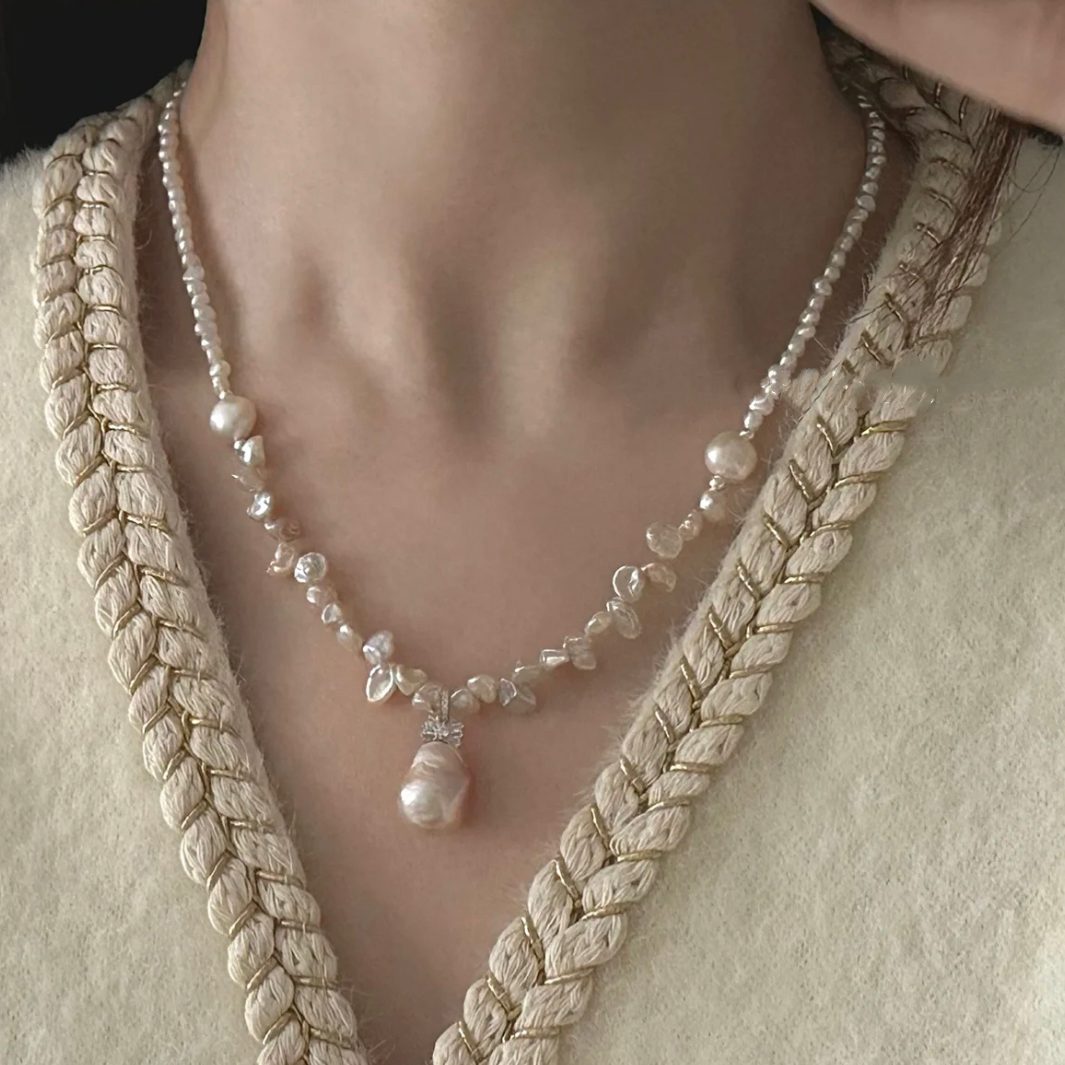 Baroque Flower Floral Petal Pearl Beaded Necklace Choker  Champagne Rose Color Handmade Jewelry