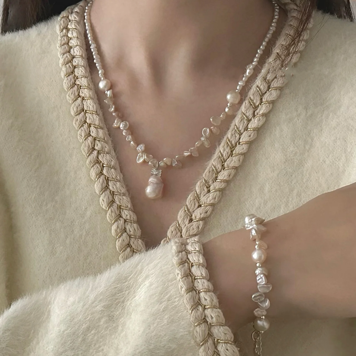 Baroque Flower Floral Petal Pearl Beaded Necklace Choker  Champagne Rose Color Handmade Jewelry