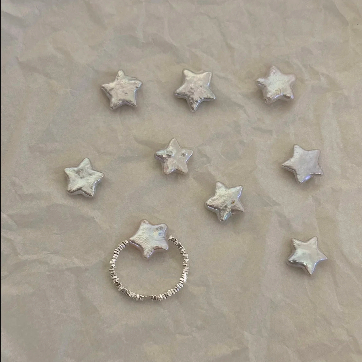 Baroque Pearl Ring, Star Heart Shaped Pearl Adjustable Elastic Dainty Jewelry 925 Silver Finger Ring