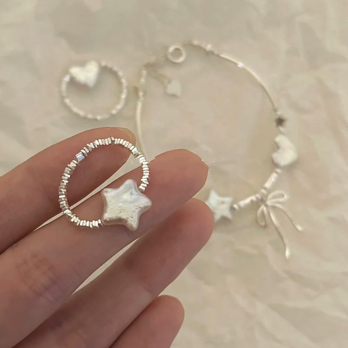 Baroque Pearl Ring, Star Heart Shaped Pearl Adjustable Elastic Dainty Jewelry 925 Silver Finger Ring