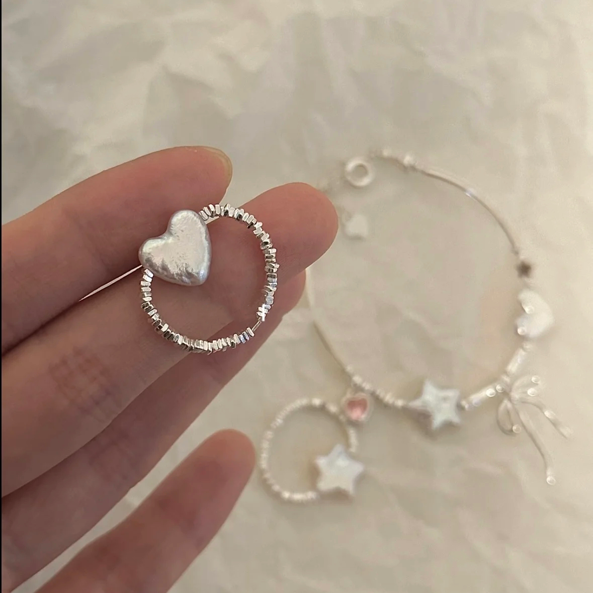 Baroque Pearl Ring, Star Heart Shaped Pearl Adjustable Elastic Dainty Jewelry 925 Silver Finger Ring