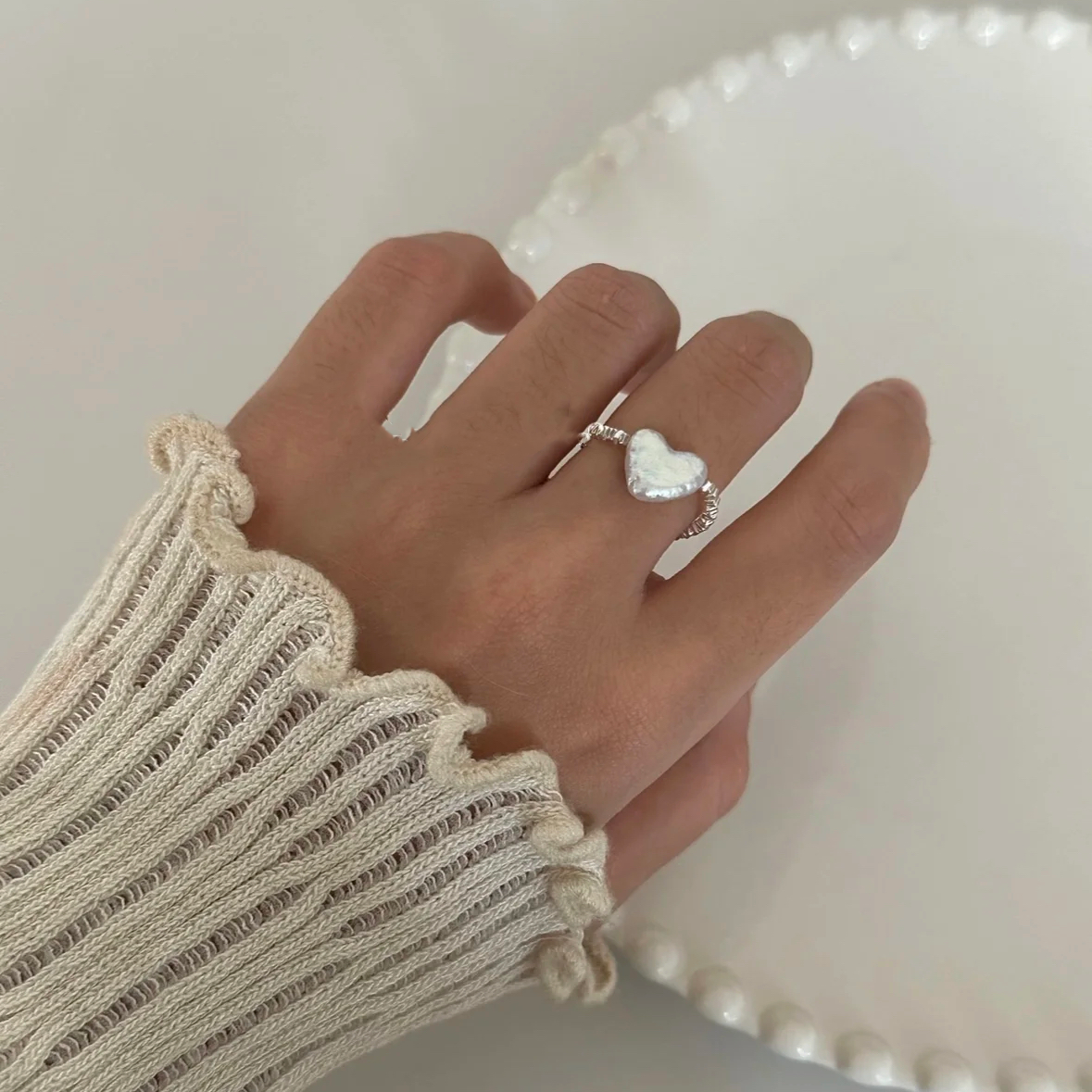 Baroque Pearl Ring, Star Heart Shaped Pearl Adjustable Elastic Dainty Jewelry 925 Silver Finger Ring