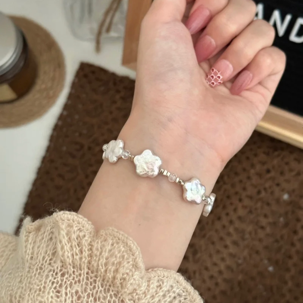 Flower Floral Baroque Pearl Bead Bracelet Charm Fashion Dainty  Jewelry 925 Silver Chain