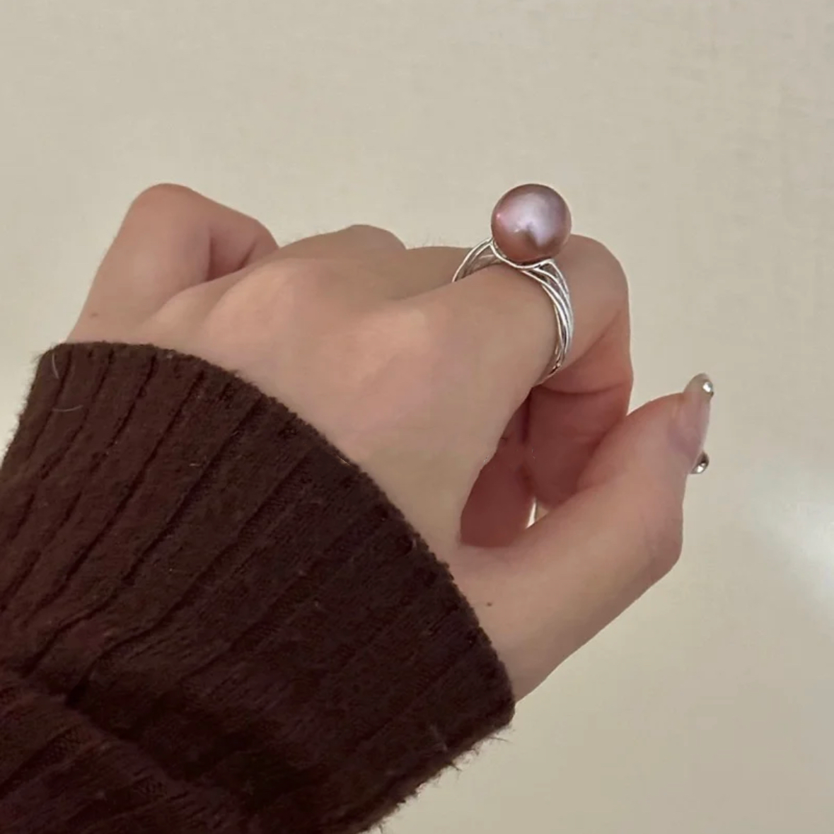 Baroque Natural Purple Pearl Ring Adjustable  Dainty Fashion Charm Jewelry 925 Silver Finger Ring