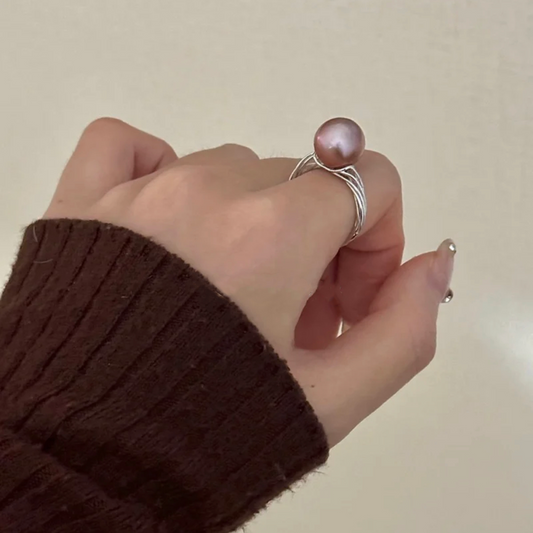 Baroque Natural Purple Pearl Ring Adjustable  Dainty Fashion Charm Jewelry 925 Silver Finger Ring