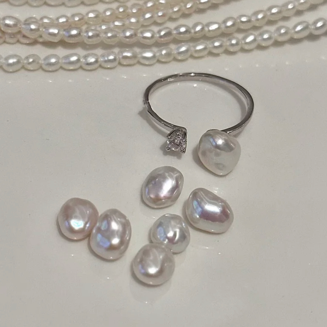 Baroque  Freshwater Cultured Pearl Rhinestone Open Ring Adjustable  Dainty Fashion Charm Jewelry  Finger Ring