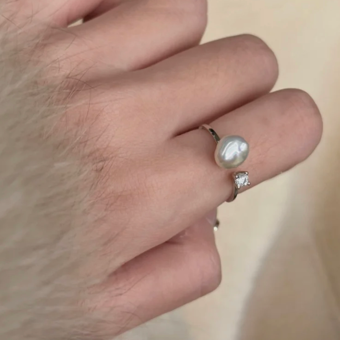 Baroque  Freshwater Cultured Pearl Rhinestone Open Ring Adjustable  Dainty Fashion Charm Jewelry  Finger Ring