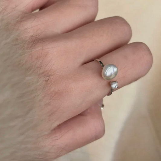 Baroque  Freshwater Cultured Pearl Rhinestone Open Ring Adjustable  Dainty Fashion Charm Jewelry  Finger Ring