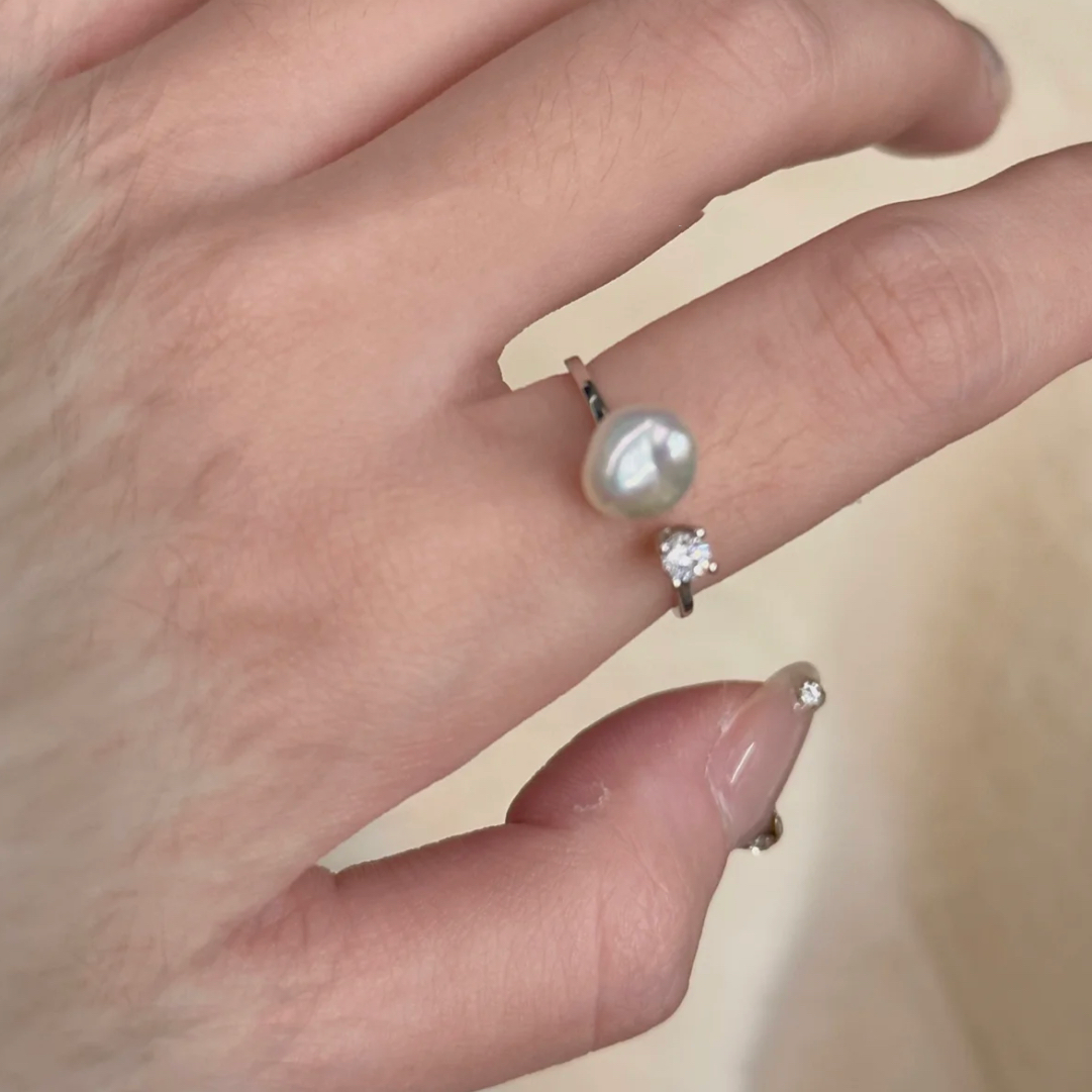 Baroque  Freshwater Cultured Pearl Rhinestone Open Ring Adjustable  Dainty Fashion Charm Jewelry  Finger Ring