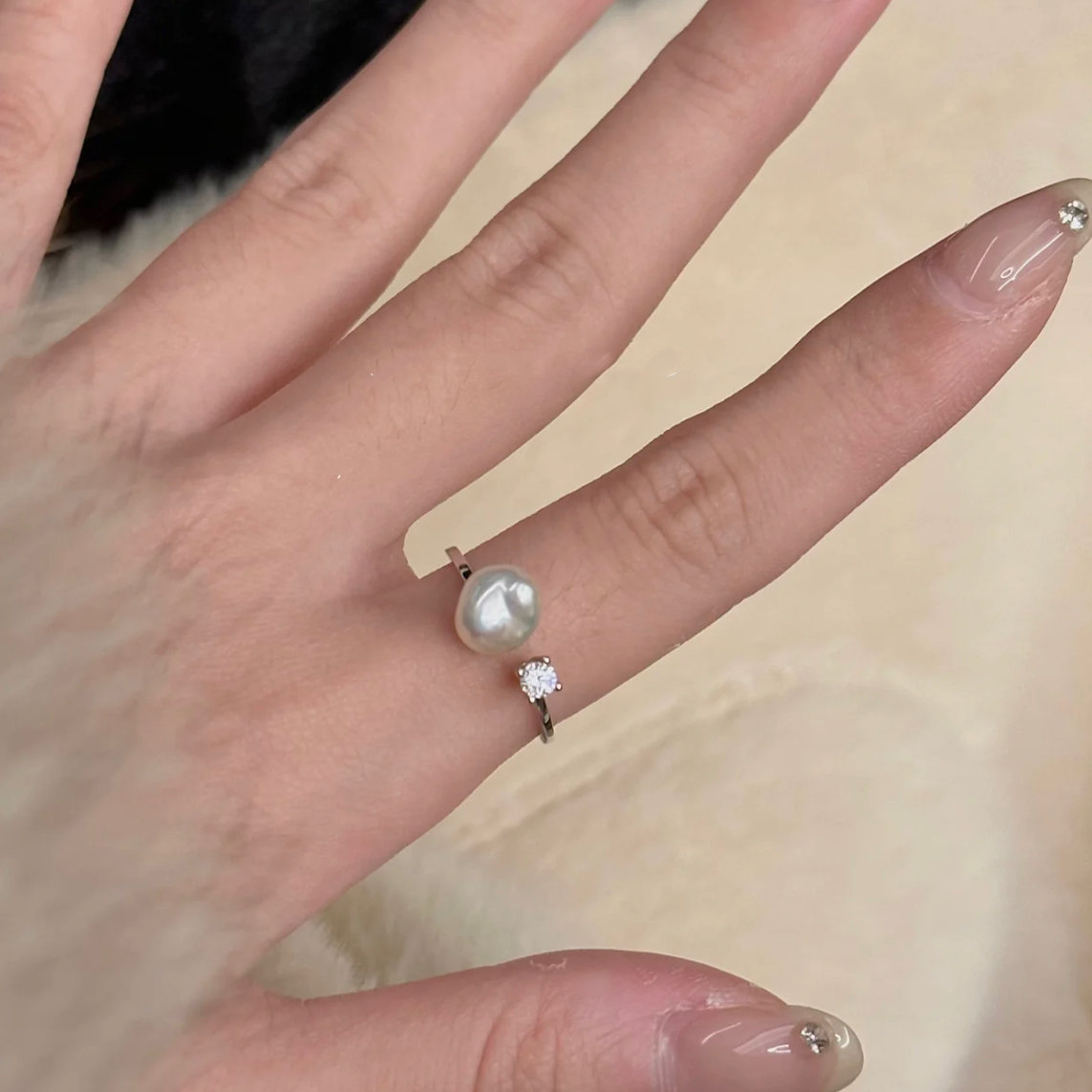 Baroque  Freshwater Cultured Pearl Rhinestone Open Ring Adjustable  Dainty Fashion Charm Jewelry  Finger Ring
