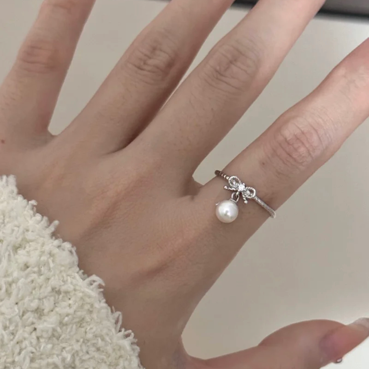 Freshwater  Pearl Bownot Ring Adjustable  Dainty Fashion Charm Jewelry 925 Silver Finger Ring for Women