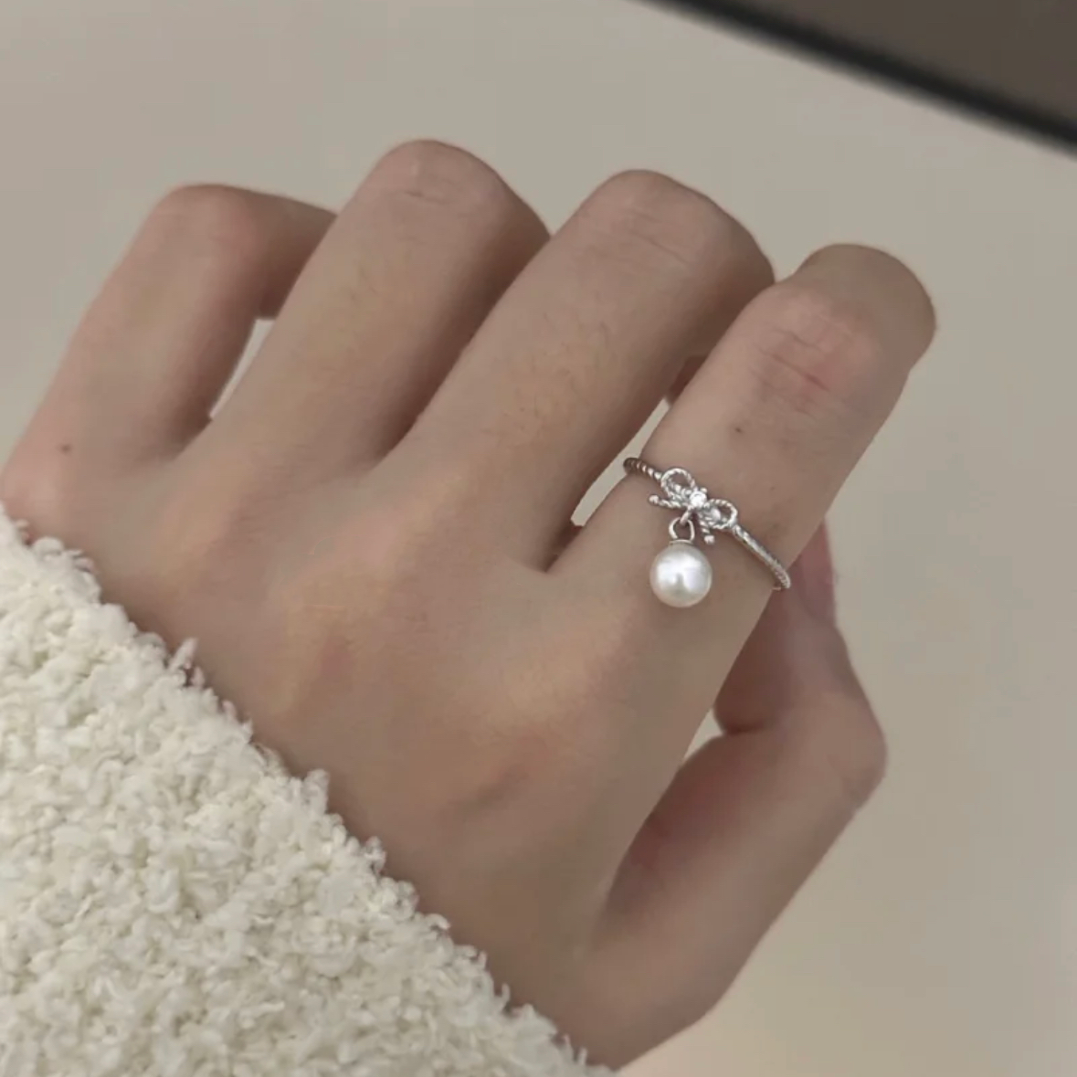 Freshwater  Pearl Bownot Ring Adjustable  Dainty Fashion Charm Jewelry 925 Silver Finger Ring for Women