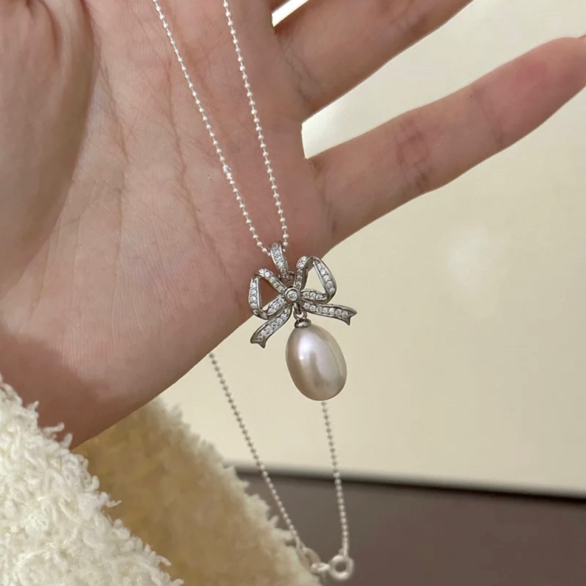 Freshwater Waterdrop Pearl Necklace Rhinestone Ribbon Bow Bownot Pendant Sterling Silver Chain