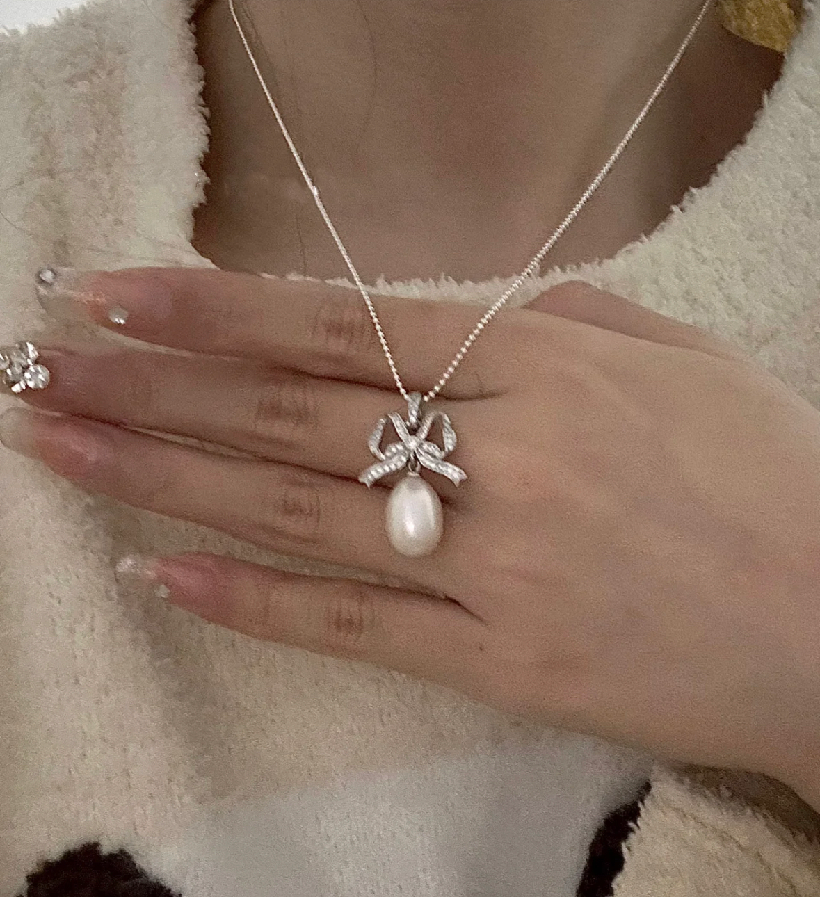 Freshwater Waterdrop Pearl Necklace Rhinestone Ribbon Bow Bownot Pendant Sterling Silver Chain