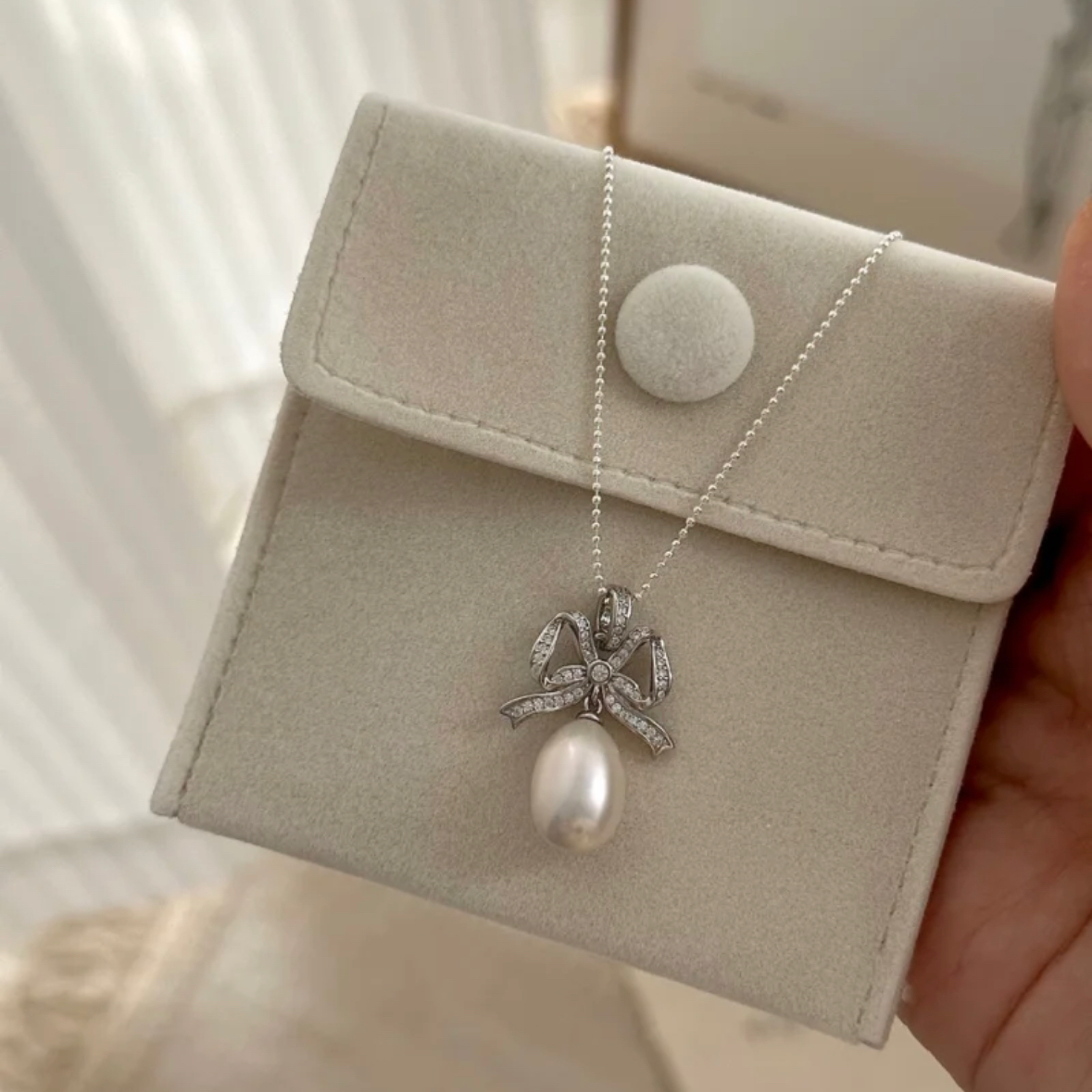 Freshwater Waterdrop Pearl Necklace Rhinestone Ribbon Bow Bownot Pendant Sterling Silver Chain