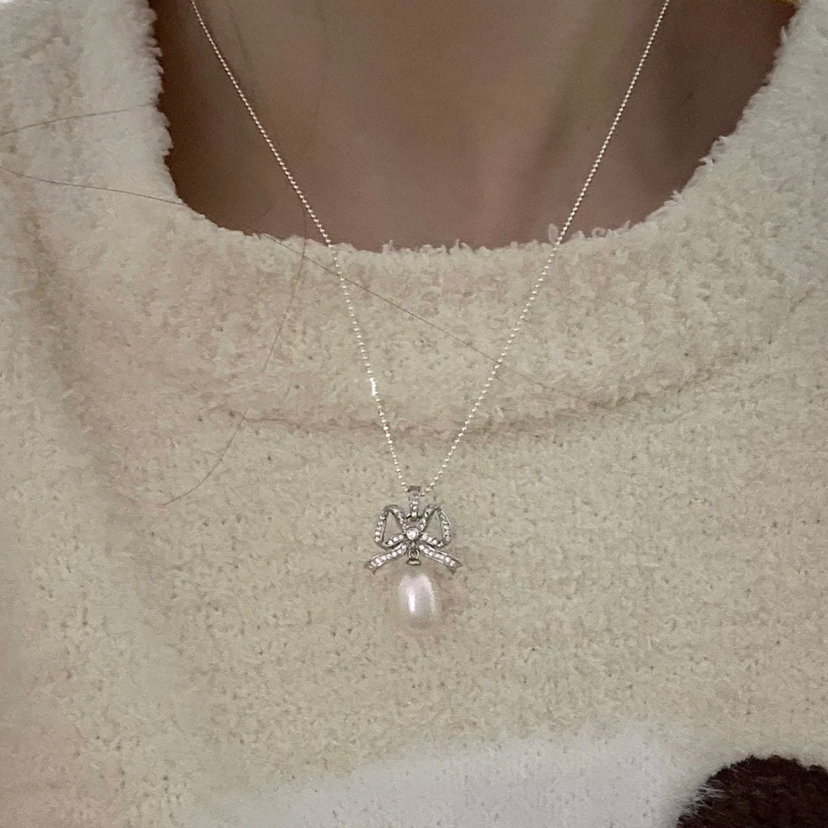 Freshwater Waterdrop Pearl Necklace Rhinestone Ribbon Bow Bownot Pendant Sterling Silver Chain