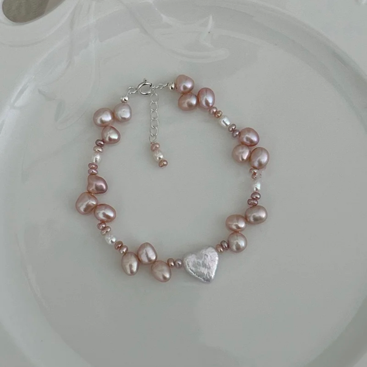 Heart Shape Baroque Pearl Bracelet Cute Lovely Adorable Charm Silver Chain Jewe;ry for Women Girls
