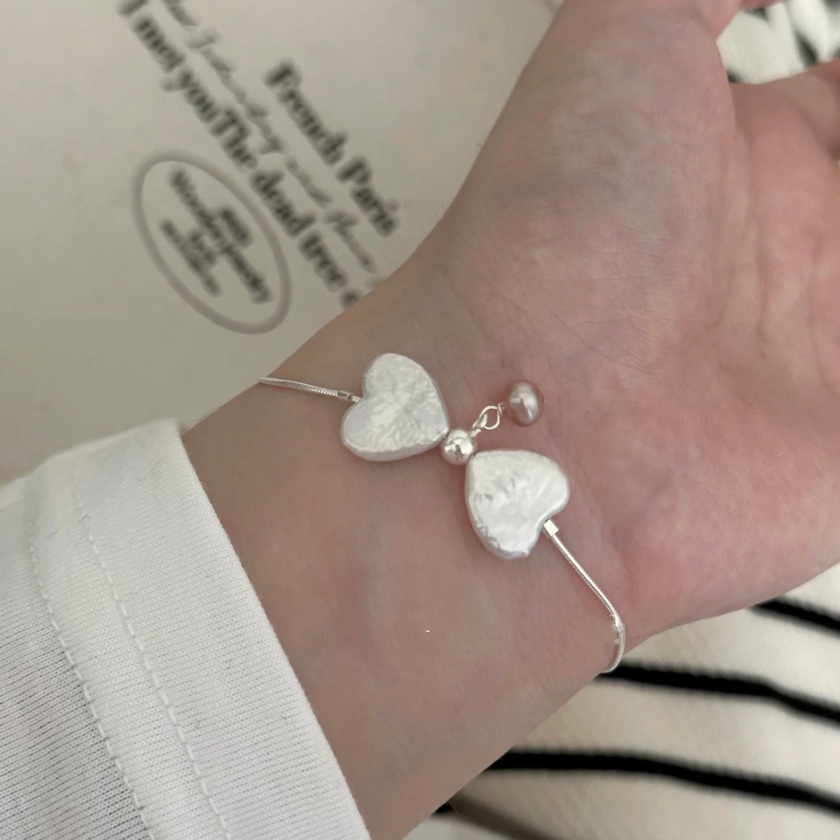Heart Shape Baroque Pearl Bracelet Cute Lovely Adorable Charm Silver Chain Jewe;ry for Women Girls
