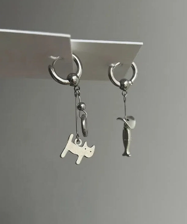Handcrafted pair of earrings featuring kitten and fish pendants,designed with silver-tone metal, playful and fun design,a perfect gift.