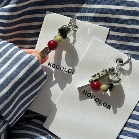 Handcrafted vintagepunk set of silver earrings adorned with colorful natural beads, designed with a fun and unique aesthetic,a perfect gift.