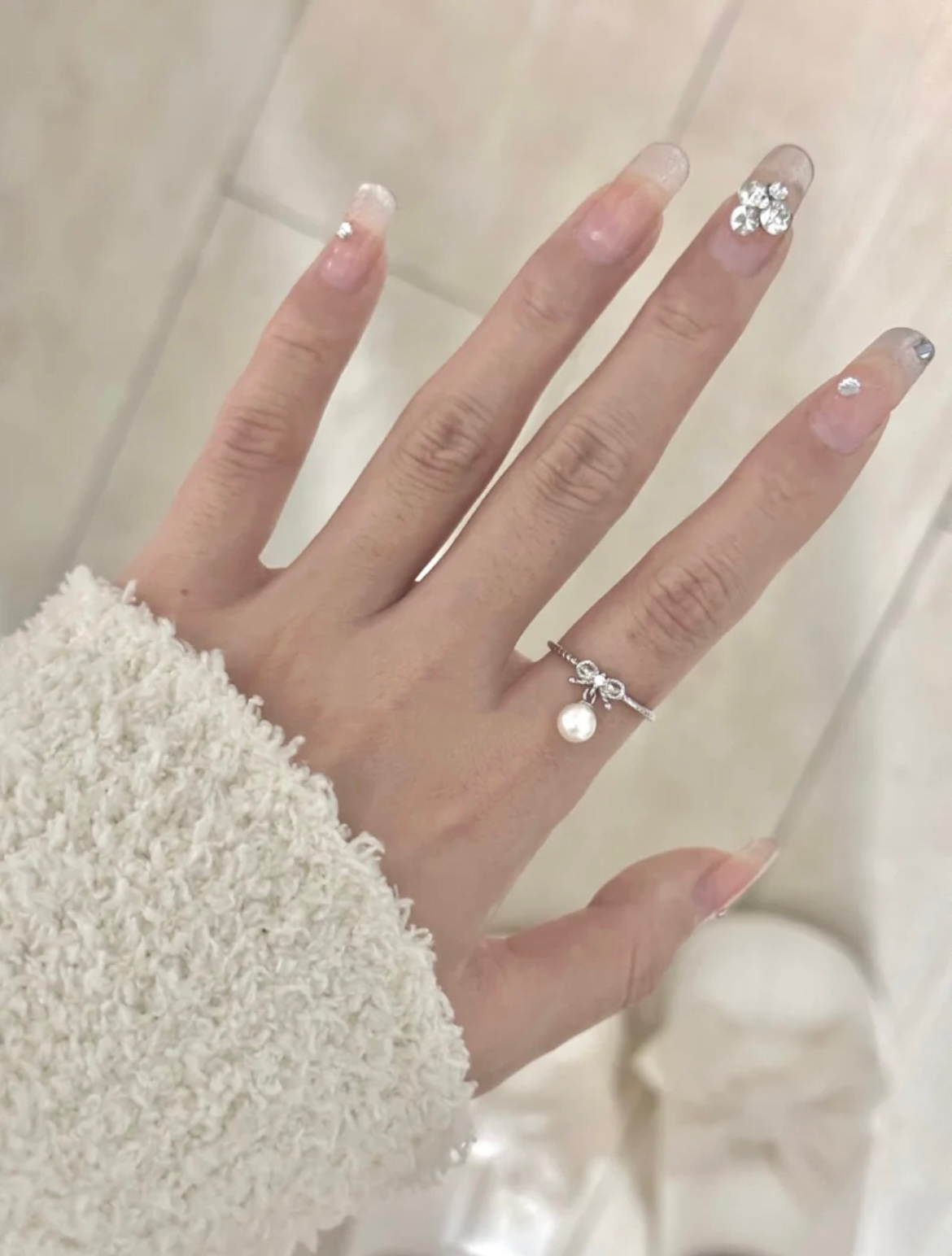 S925 Sterling Silver Women Cute Bow Design Adjustable Ring with Freshwater Pearl