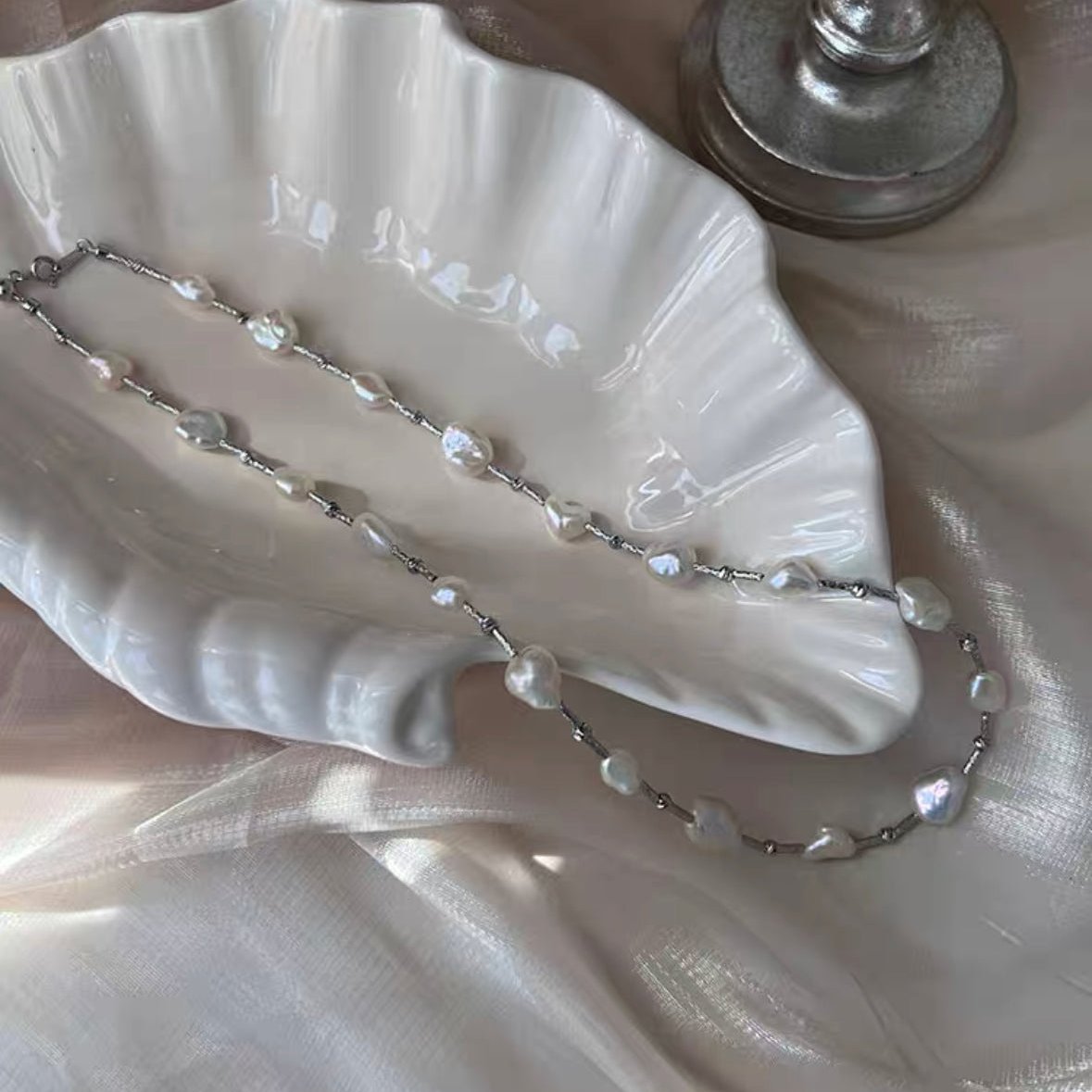 Fresh Water Cultured Baroque Pearl Necklace Choker Adjustable Chain Vintage Jewelry for Women