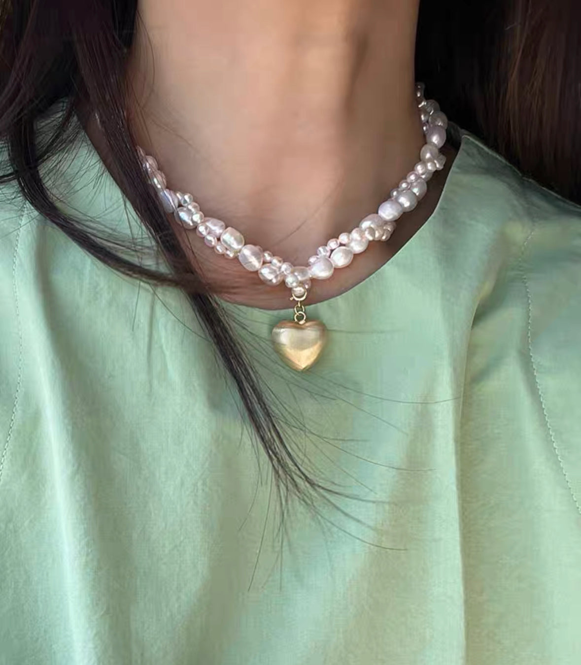 Fresh Water Cultured Baroque Pearl Necklace Heart Pendant Choker Braid Chain Vintage Jewelry