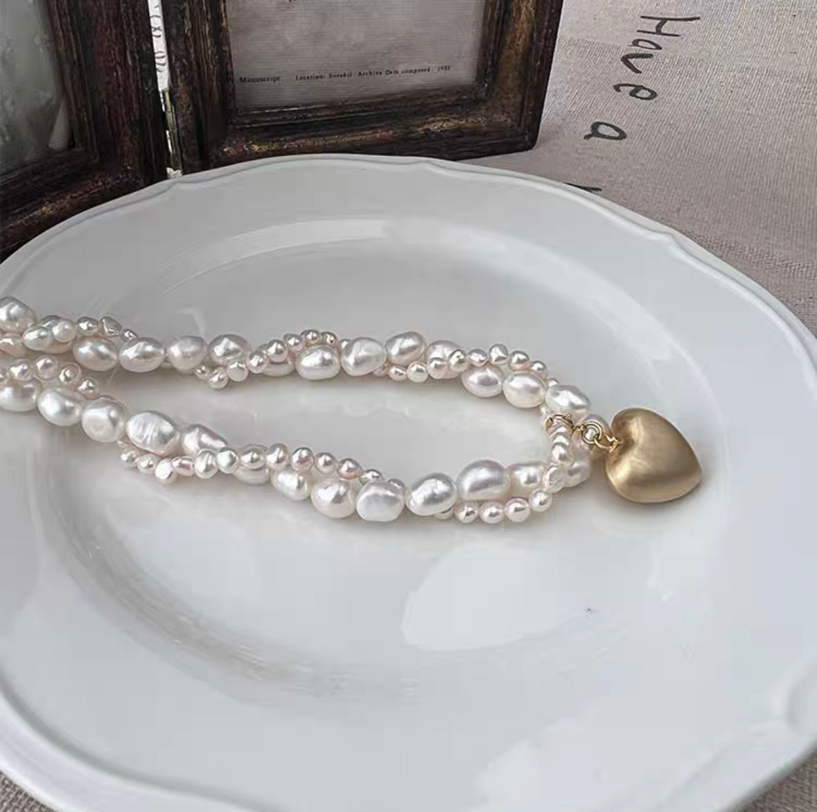Fresh Water Cultured Baroque Pearl Necklace Heart Pendant Choker Braid Chain Vintage Jewelry