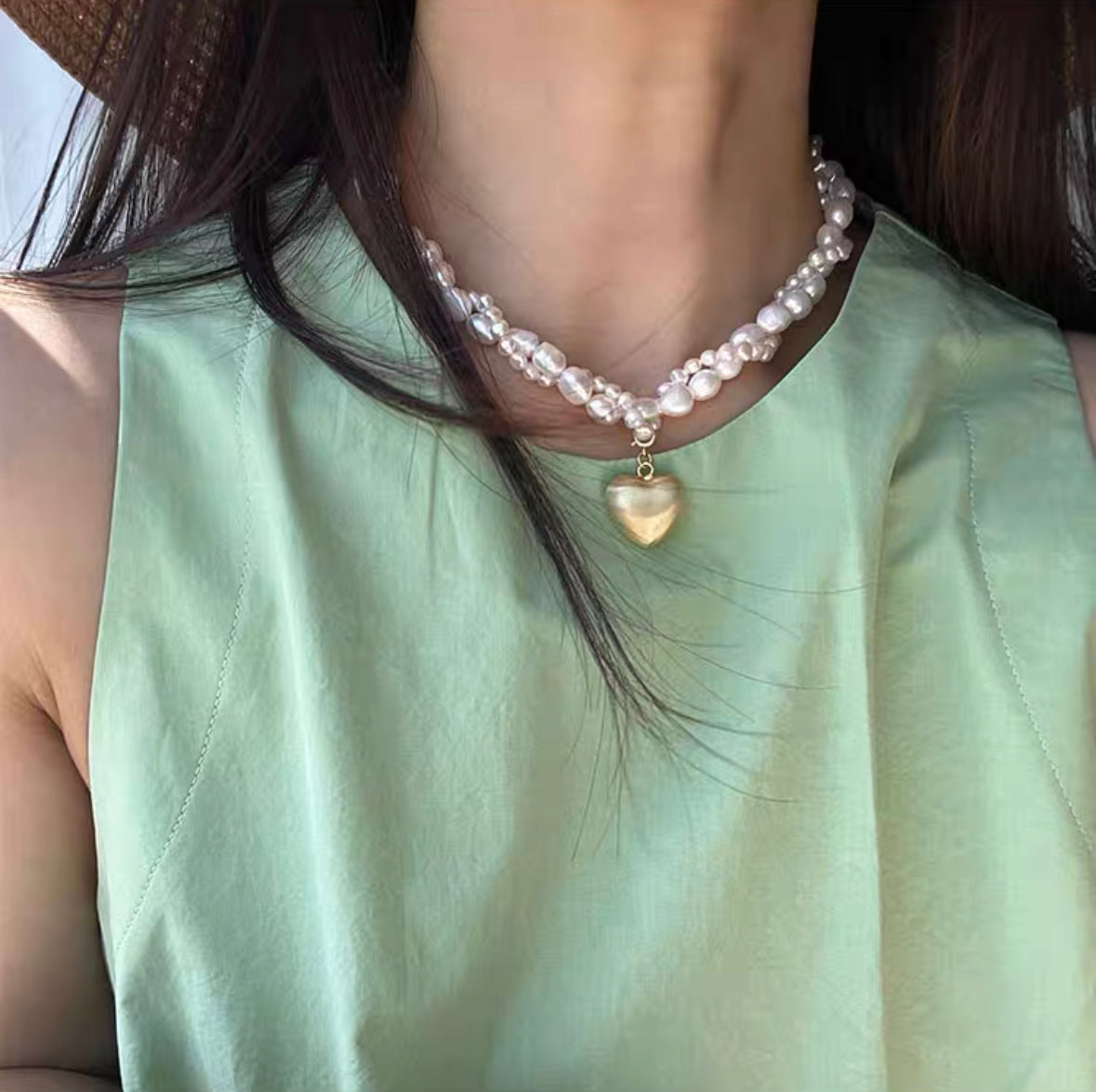 Fresh Water Cultured Baroque Pearl Necklace Heart Pendant Choker Braid Chain Vintage Jewelry