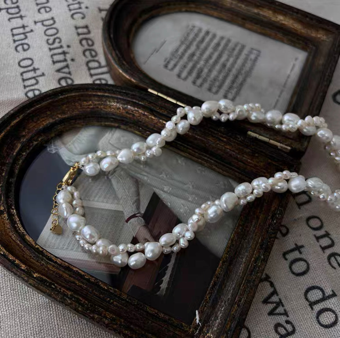 Fresh Water Cultured Baroque Pearl Necklace Heart Pendant Choker Braid Chain Vintage Jewelry