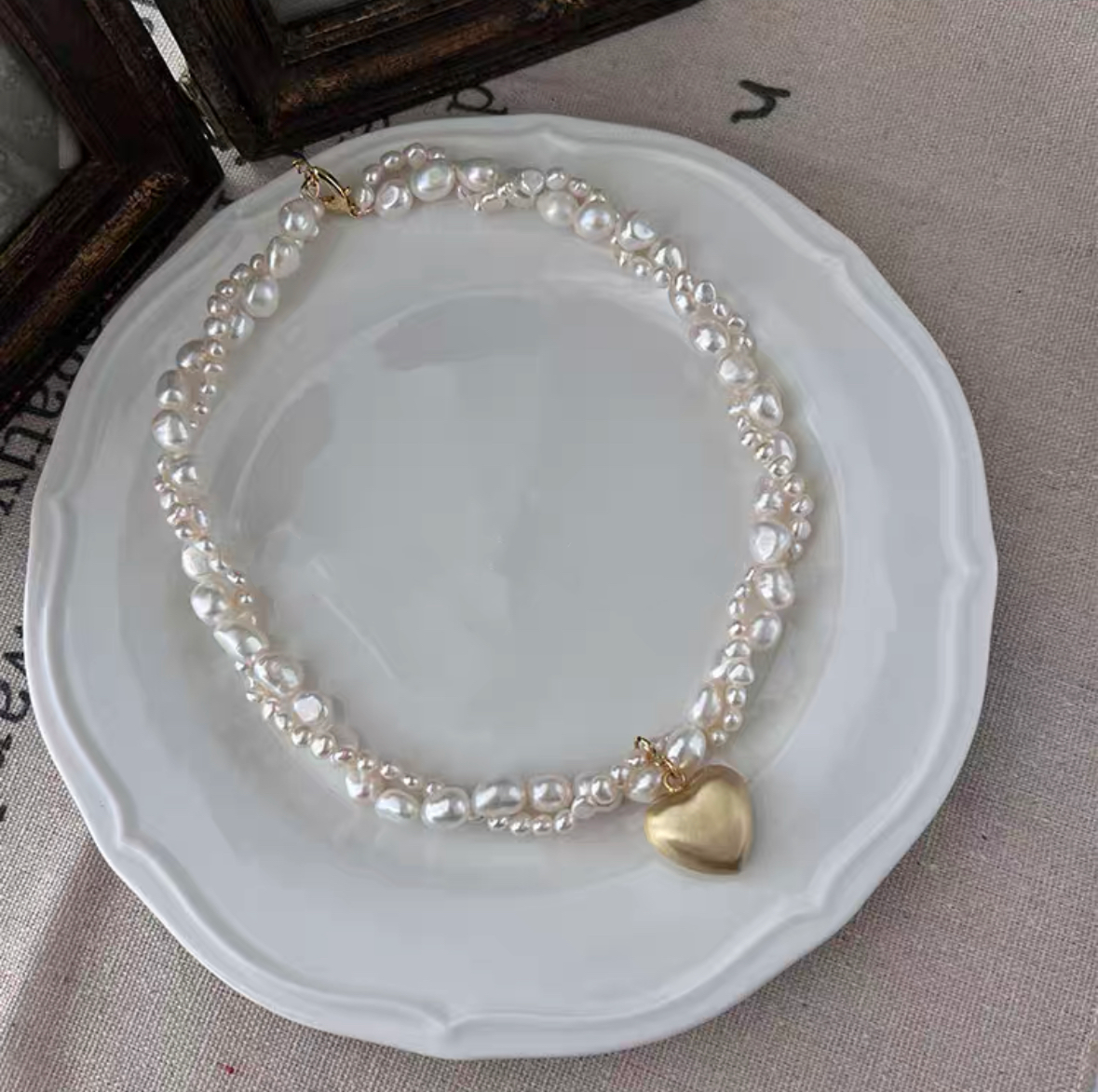 Fresh Water Cultured Baroque Pearl Necklace Heart Pendant Choker Braid Chain Vintage Jewelry