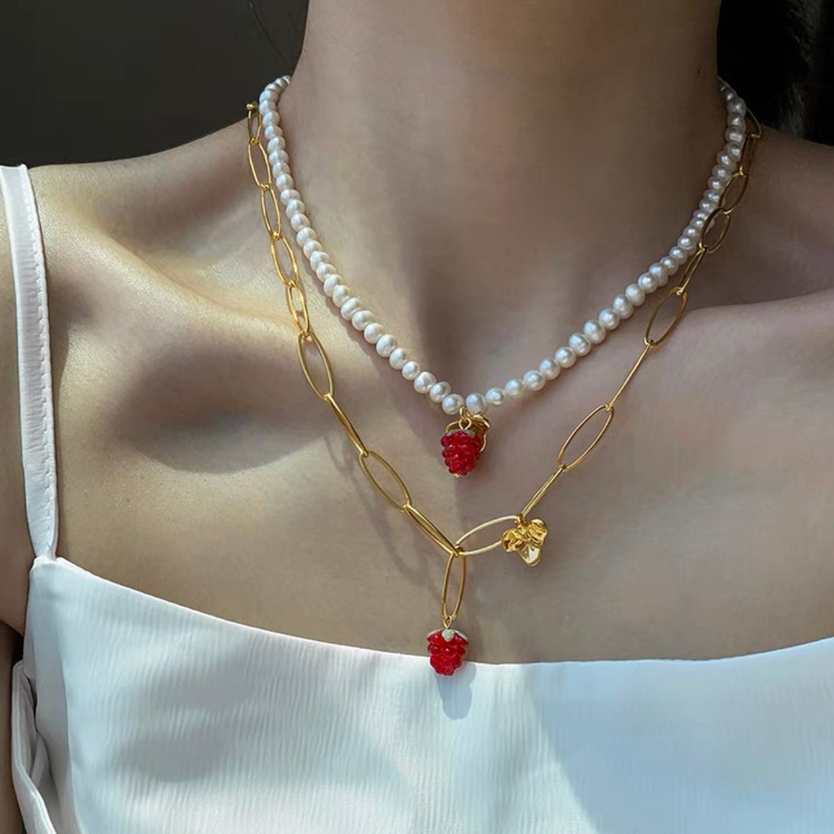 Double Layered Pearl Necklace Raspberry Pendant 24K Gold Choker Copper Plated Fashion Chain