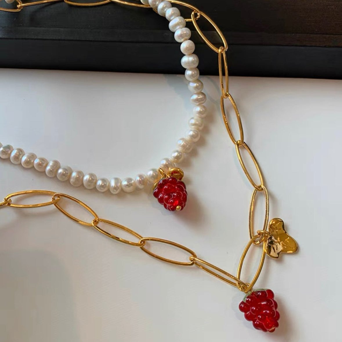 Double Layered Pearl Necklace Raspberry Pendant 24K Gold Choker Copper Plated Fashion Chain