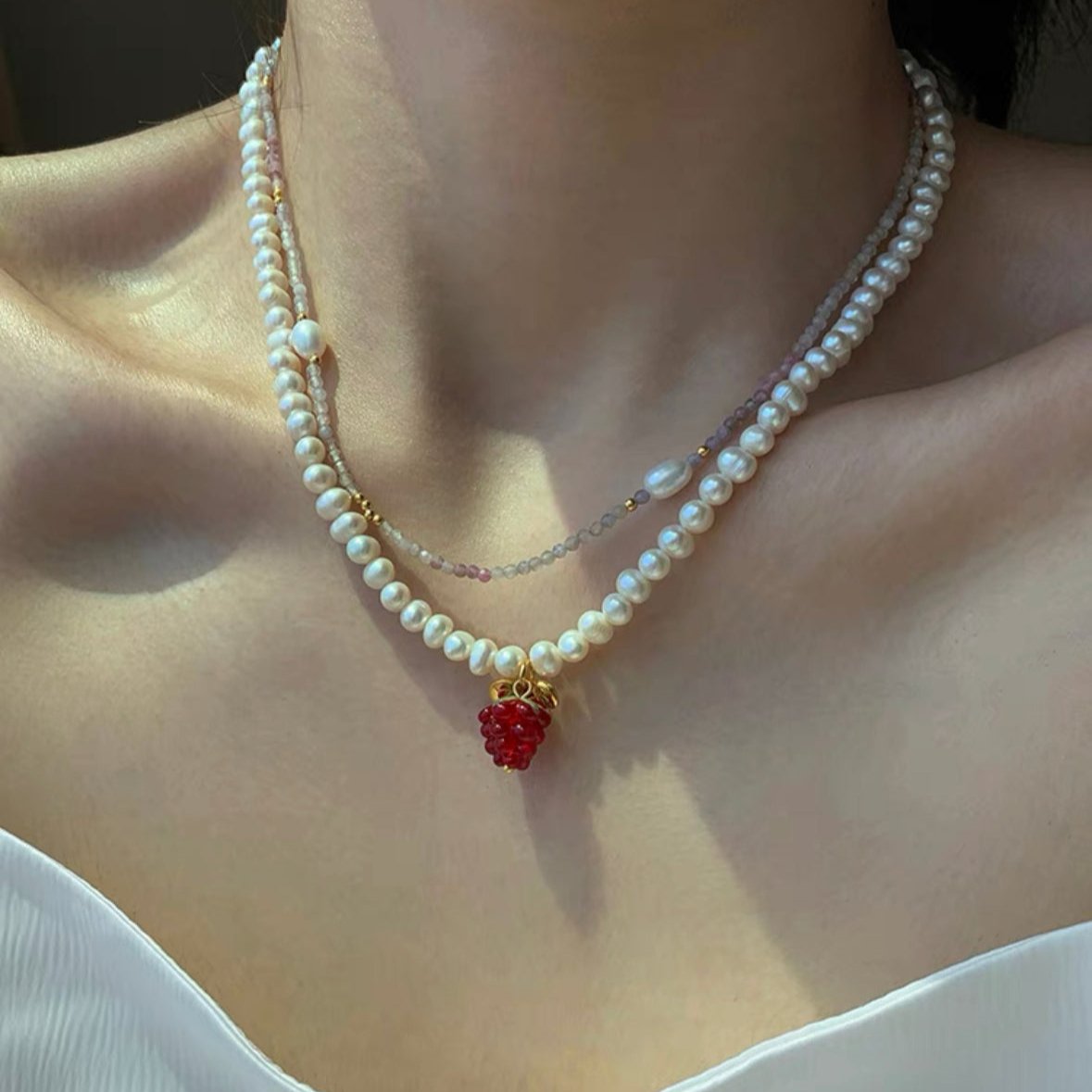 Double Layered Pearl Necklace Raspberry Pendant 24K Gold Choker Copper Plated Fashion Chain