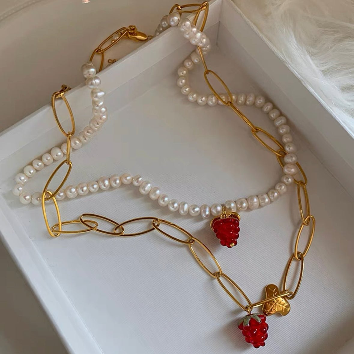 Double Layered Pearl Necklace Raspberry Pendant 24K Gold Choker Copper Plated Fashion Chain