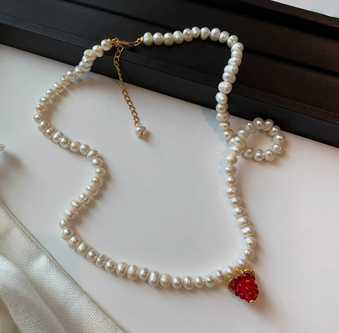 Double Layered Pearl Necklace Raspberry Pendant 24K Gold Choker Copper Plated Fashion Chain