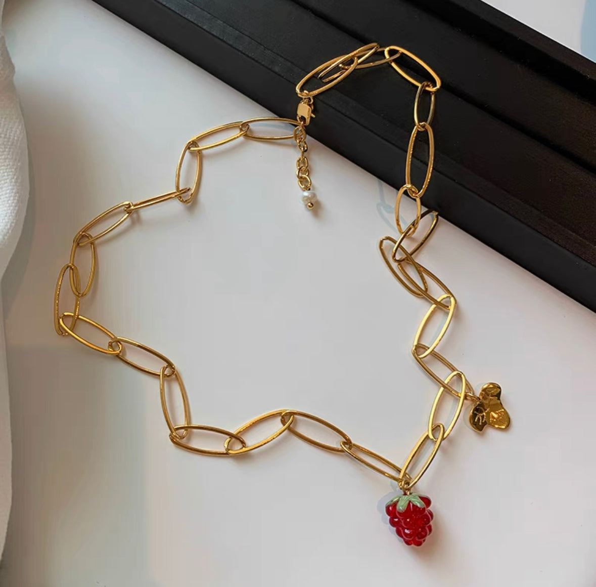 Double Layered Pearl Necklace Raspberry Pendant 24K Gold Choker Copper Plated Fashion Chain