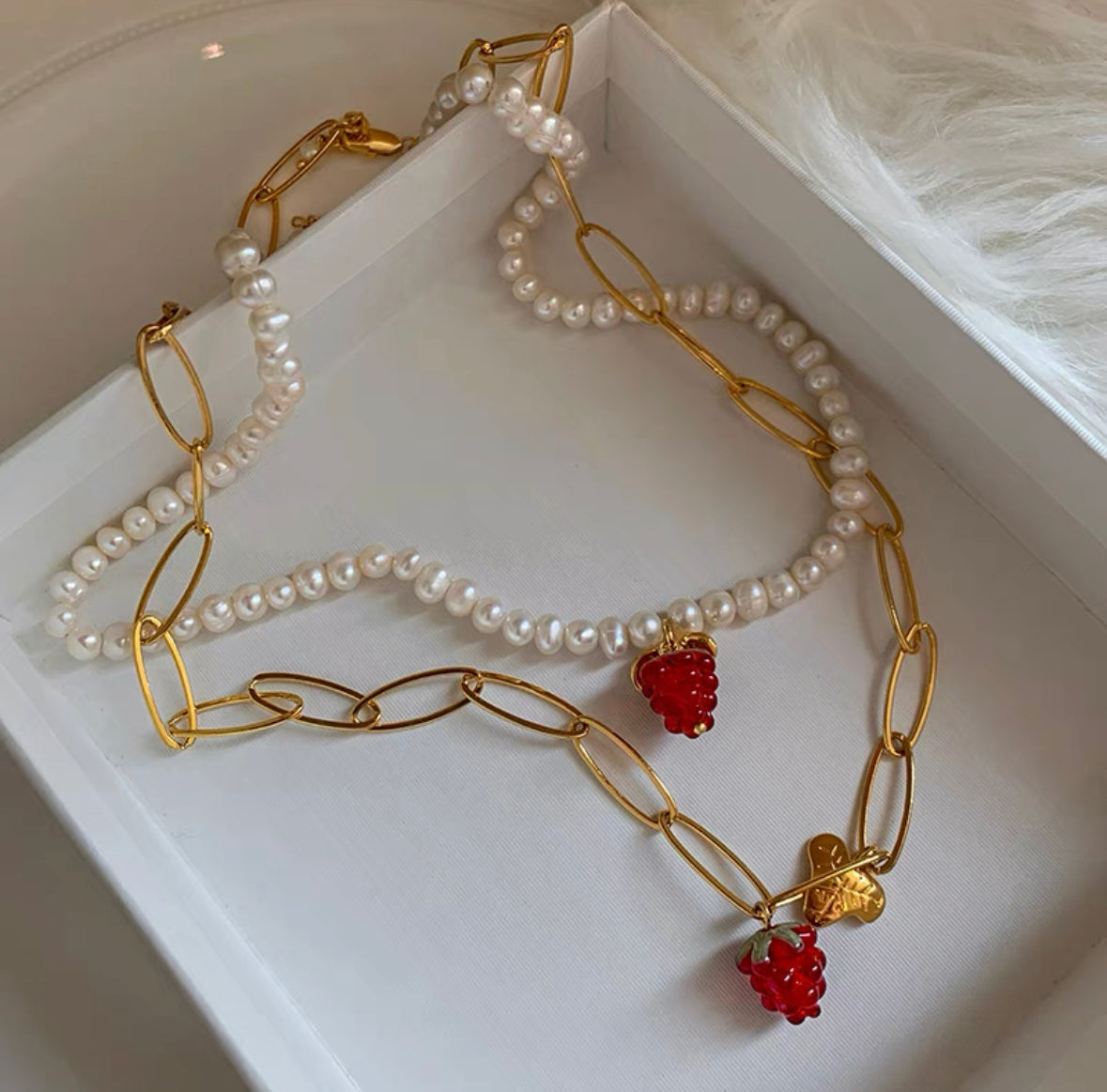 Double Layered Pearl Necklace Raspberry Pendant 24K Gold Choker Copper Plated Fashion Chain