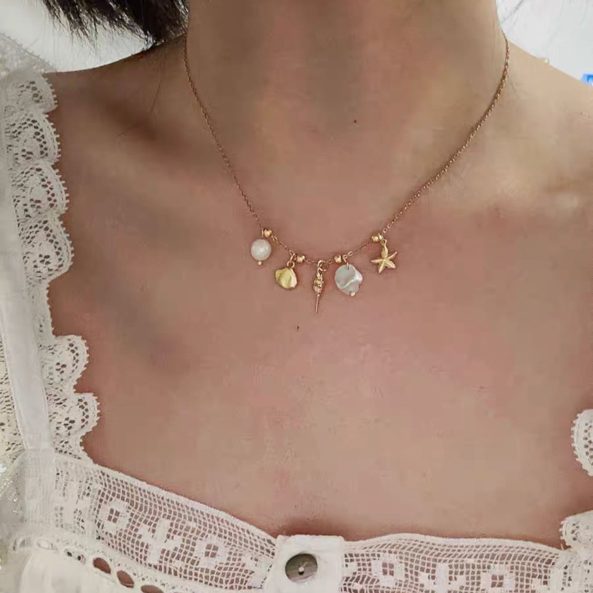 Baroque Pearl Necklace Summer Beach Choker Chain with Sea Shell Starfish Conch Pendant Accessories