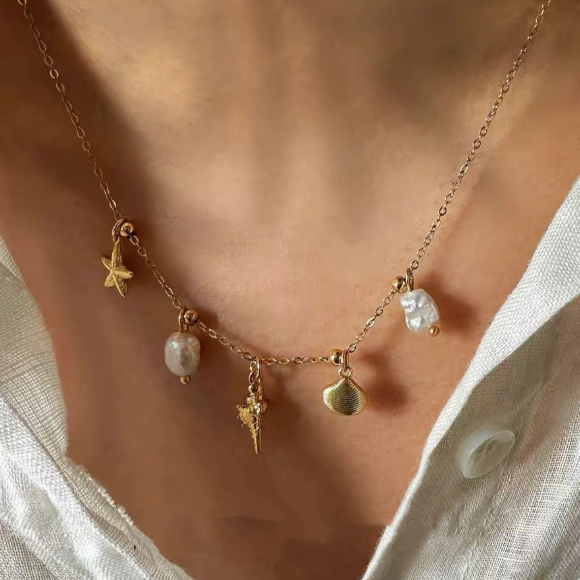 Baroque Pearl Necklace Summer Beach Choker Chain with Sea Shell Starfish Conch Pendant Accessories