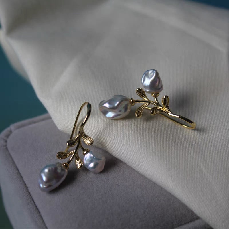 Natural Baroque Freshwater Pearl Earrings Flower Floral Pedal 925 Silver Earring Trendy Vintage Jewelry